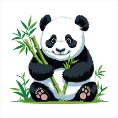 A charming illustration of a young panda cub, seated and happily holding two stalks of bamboo.