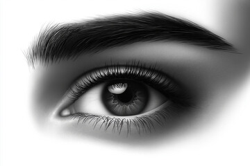 Detailed monochrome drawing of a human eye with striking eyelashes and brow