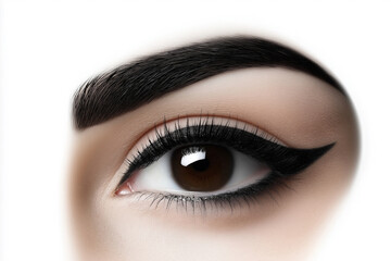 Obraz premium Close-up view of an eye with bold eyeliner and perfectly shaped eyebrows in natural light