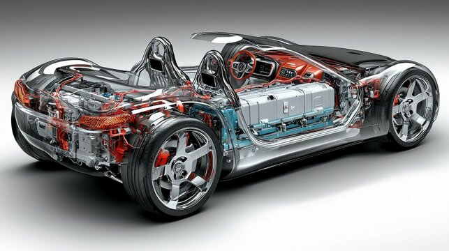 An electric vehicle with a detailed dashboard design, displaying a fully charged battery and energy-saving features, showcasing the advancement of electric mobility