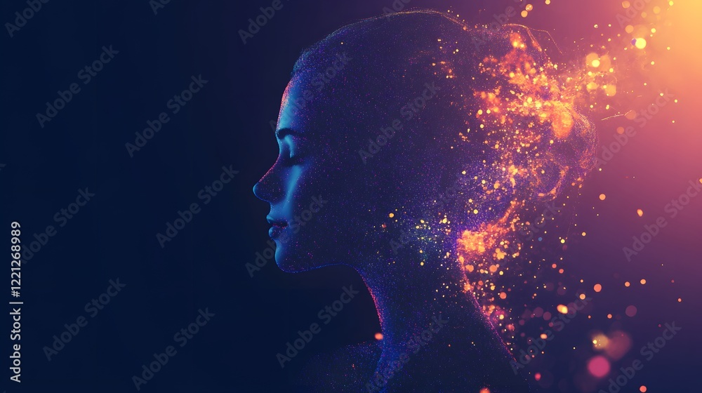Poster Ethereal Portrait of a Profile Shimmering with Abstract Colorful Particles and Light, Capturing the Essence of Imagination and Creativity in a Dreamlike Atmosphere