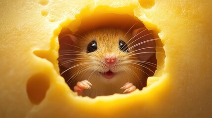 Cute Mouse in Cheese Hole, peeking out with whiskers twitching playfully