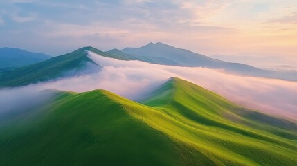 Fototapeta premium Tranquil sunrise over rolling hills serene landscape soft pastel colors aerial viewpoint peaceful environment