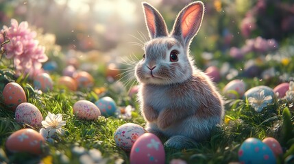 A playful bunny sitting on green grass with a backdrop of colorful Easter eggs and soft skies