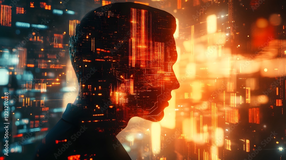 Poster human silhouette with digital overlay representing technology and innovation in an abstract futurist