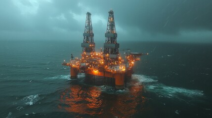 Obraz premium A nighttime view of an offshore oil rig in the East China Sea, with the rig lit up against a dark sky and the sea surrounding it, representing the energy industry's offshore presence