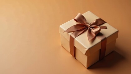 Obraz premium Gift box wrapped in earthy brown ribbon tied at top, gift box, wrapping