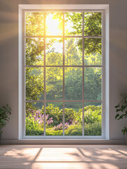 Scenic modern window view lush greenery,bright sunlight forest trees,serene garden vibes,interiors nature peaceful aesthetic design,sun,open,fresh,pane,eco-friendly,vibes,space,inside,clarity,retreat © NNS Studio