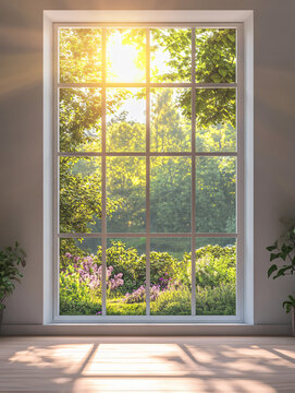 Scenic modern window view lush greenery,bright sunlight forest trees,serene garden vibes,interiors nature peaceful aesthetic design,sun,open,fresh,pane,eco-friendly,vibes,space,inside,clarity,retreat
