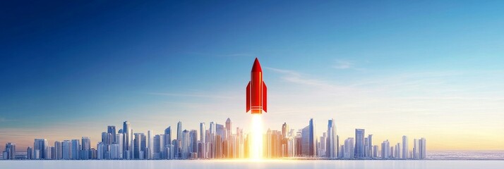 Rocket Launching Over City Skyline - Red rocket launching into a bright sky above a modern city skyline at sunrise.  Represents growth, innovation, and success.