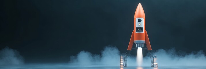 Rocket Launch Startup Success - An orange rocket launching on a dark background, symbolizing a successful business startup or new beginning.