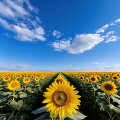 Obraz premium Vibrant sunflower field under a clear blue sky, radiating warmth and positivity. A perfect symbol of summer bliss.