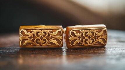 Elegant wooden cufflinks with gold detailing on dark wood surface. Wedding accessories