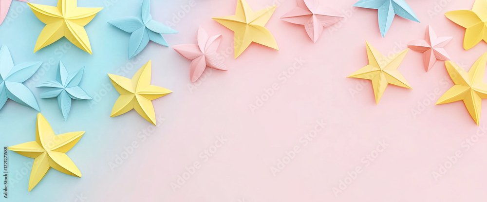 Poster colorful paper stars on a pastel gradient background with free space for text