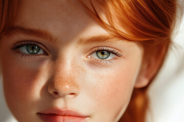 Fototapeta premium Portrait of a young girl with striking green eyes and red hair in soft morning light