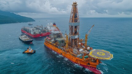 Obraz premium A wide-angle view of a drilling rig and support vessel operating in an offshore area, with the rig standing tall on the water and the vessel providing logistical support in the background