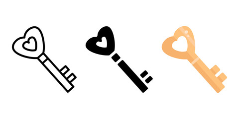 Heart shaped key icon. Valentines day decoration sign. Romantic relationship symbol. Falling in love pictogram.