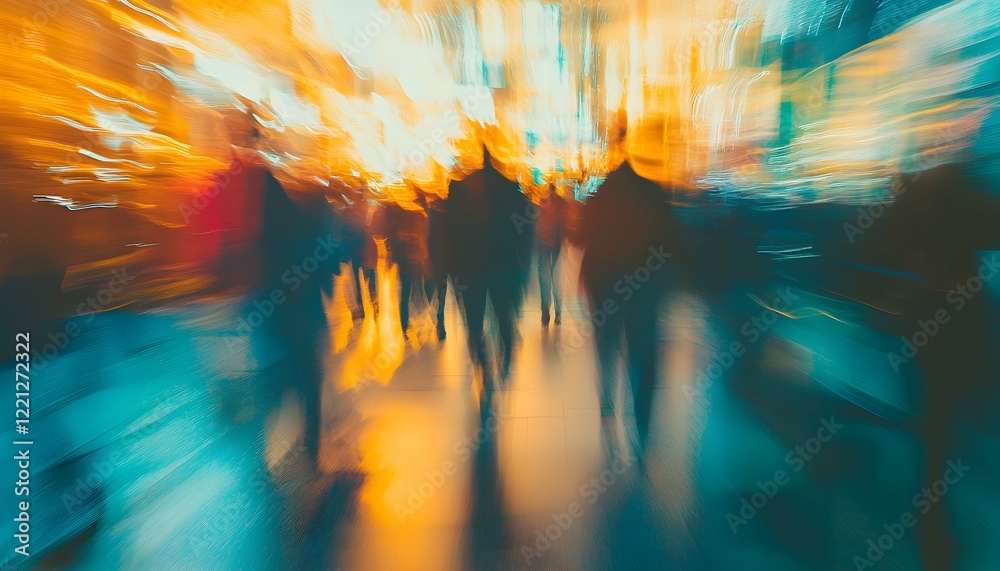 Poster abstract representation of urban life with blurred figures and vibrant colors highlighting movement 