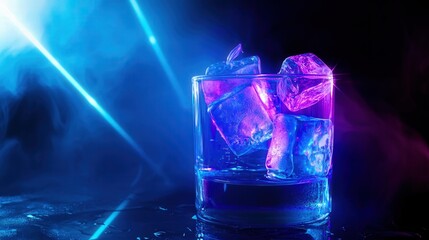 A sleek cocktail glass filled with a glowing blue liquid, ice cubes dissolving into light mist, and neon-colored garnishes floating above, set against a dark, futuristic backdrop with light beams.