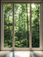 Scenic modern window view lush greenery,bright sunlight forest trees,serene garden vibes,interiors nature peaceful aesthetic design,sun,open,fresh,pane,eco-friendly,vibes,space,inside,clarity,retreat