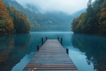 Wooden pier on misty autumn lake with forested mountains
