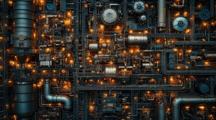 A comprehensive aerial view of a factory's complex piping systems and massive storage tanks, symbolizing the integration of modern technology in heavy industrial processes