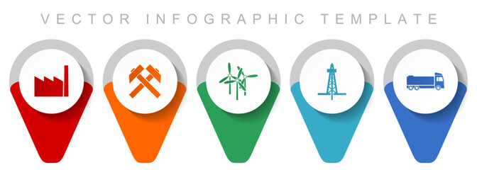 Industry and technology pointer collection, miscellaneous icons such as factory, mining, wind energy, oil and truck, flat design vector infographic template in eps 10