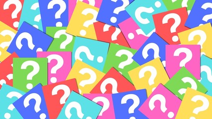 Colorful question marks, multicolored background, overlapping squares, vibrant design, creative background, problem-solving concept, educational illustration, abstract pattern, and playful design.