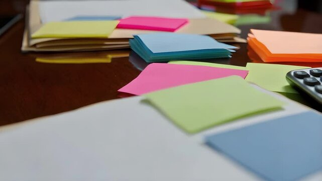 Colorful sticky notes in various shades are scattered on a wooden desk alongside folders and a calculator, creating an organized and creative workspace atmosphere