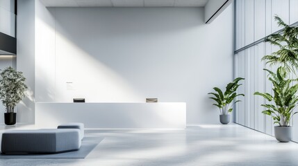 The office lobby features a clean, modern design with a white wall that provides a bright and uncluttered backdrop.