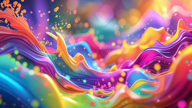 A vibrant and dynamic background featuring a flowing wave of bold, colorful hues intertwined with splashes and dots of energy. This lively design exudes motion, excitement, and creativity