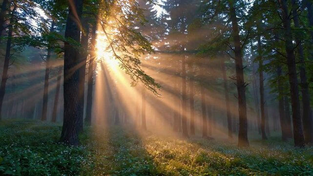 wonderful nature background with sunlight coming through the fog. bright sunny atmosphere
