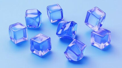 Scattered translucent blue ice cubes on a light blue background.
