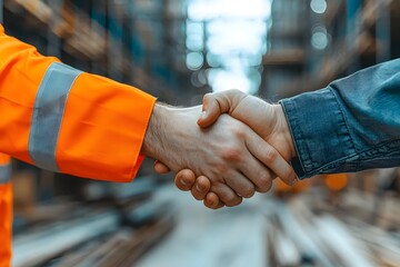 Handshake of Partnership Between Construction Engineer and Businessman at Warehouse Site