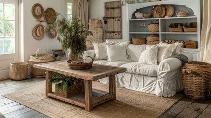 Cozy Rustic Living Room with Natural Decor and Wooden Furniture in a Bright, Sunlit Space