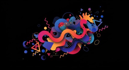 Vibrant Abstract: Dynamic colorful abstract forms and shapes intermingle and flow against a black backdrop, creating a visually stunning piece. 
