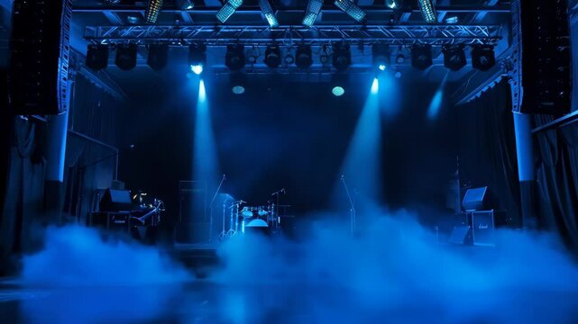 Dynamic stage lights transform empty venue into vibrant concert atmosphere with fog effects