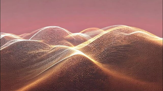 The waves resemble digital sand dunes, smoothly shifting and changing shapes. Each dune is composed of micro-light particles, a shimmering effect as they flow seamlessly