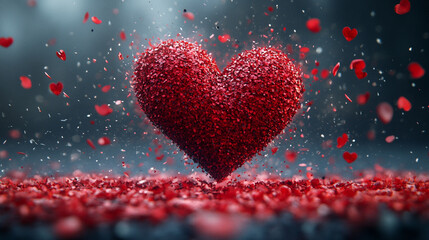 A large red heart made of many small red hearts explodes showering tiny red hearts all around.