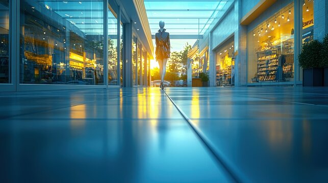 A fashion store display window featuring a stylish mannequin dressed in a high-end outfit, attracting attention from passersby in an upscale urban shopping district
