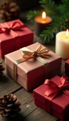 Gift boxes on a wooden table with candles and pinecones, wooden table, gift boxes, pinecones