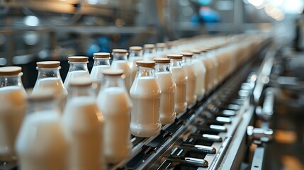 Obraz premium Glass milk bottles with wooden caps moving on industrial conveyor belt in modern dairy production facility. Perfect for food industry, manufacturing and quality control concepts.