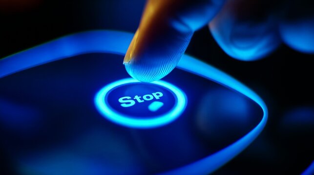 Glowing "Stop" button in blue ambient light. Represents boundaries and self-control in therapy sessions.