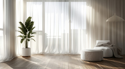 Fototapeta premium Sunlit Minimalist Living Room with Large Windows, Sheer Curtains, and Modern Furniture Featuring a Cozy Armchair and Potted Plant