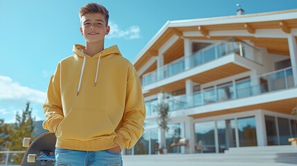 Fototapeta premium A close-up of a boy in a trendy hoodie, ripped jeans, and cool sneakers, standing confidently with a skateboard, representing the urban streetwear style popular among kids today
