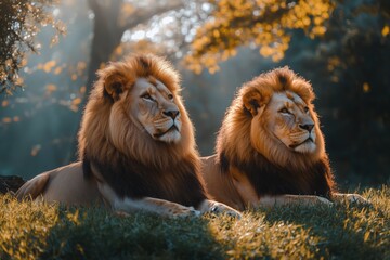 Majestic lions relax in golden sunlight surrounded by autumn leaves