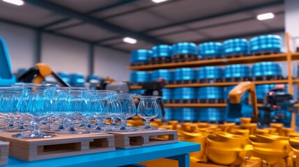 Obraz premium Glassware Storage in Modern Warehouse - Rows of pristine glassware on a blue table in a warehouse. Clean, modern, efficient, production, storage.