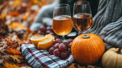 A group of friends in trendy fall outfits, featuring cardigans, knit scarves, and stylish boots, laughing and enjoying a fall picnic in a colorful, leafy park