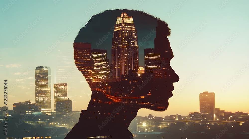 Poster profile silhouette of a man layered with a vibrant city skyline at dawn, illustrating connection bet