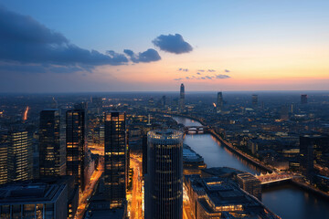 Fototapeta premium Evening skyline view of a bustling city with rivers and lights just after sunset